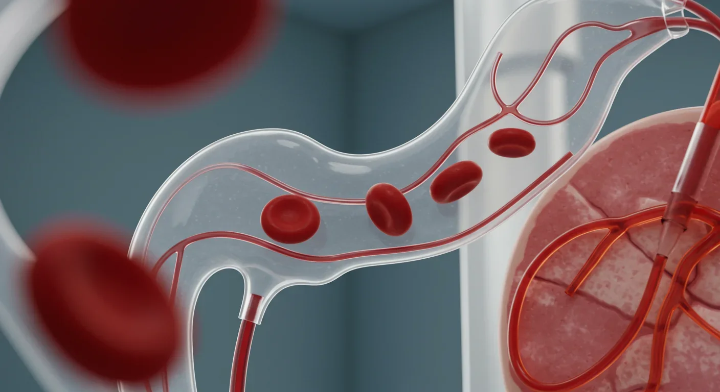 Artificial blood vessels showing red blood cells flowing through bioengineered tissue