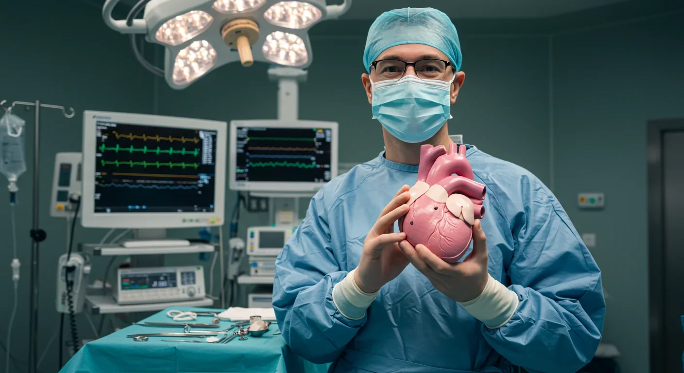 Surgeon examining bioprinted heart model in operating room before transplant procedure