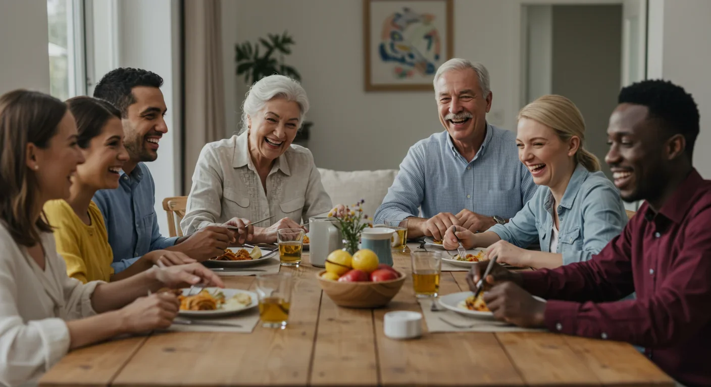 Multigenerational family sharing meal showing active elderly participation in family life