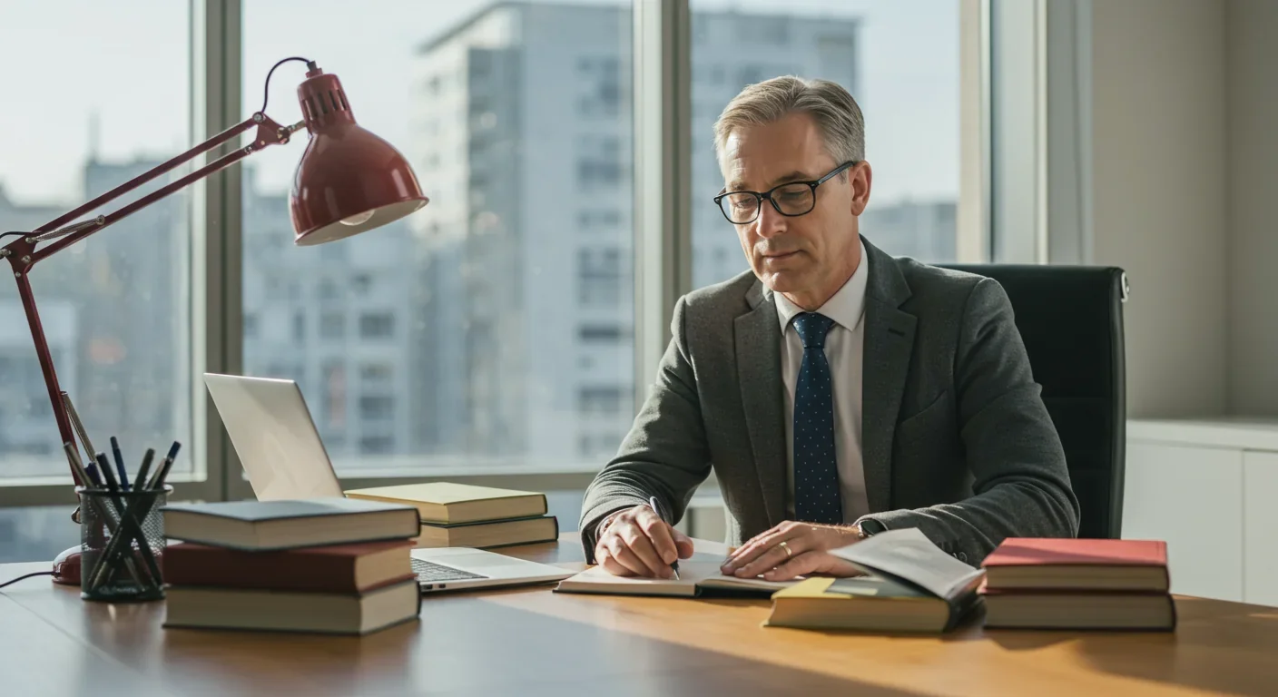 Middle-aged professional retraining at desk symbolizing lifelong learning in extended careers