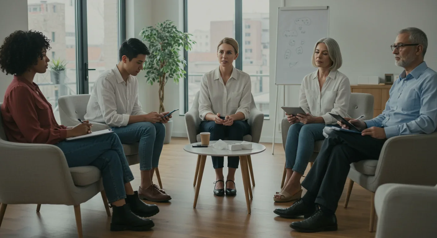 Support group discussing ethical use of AI memorial technology and healthy grieving practices