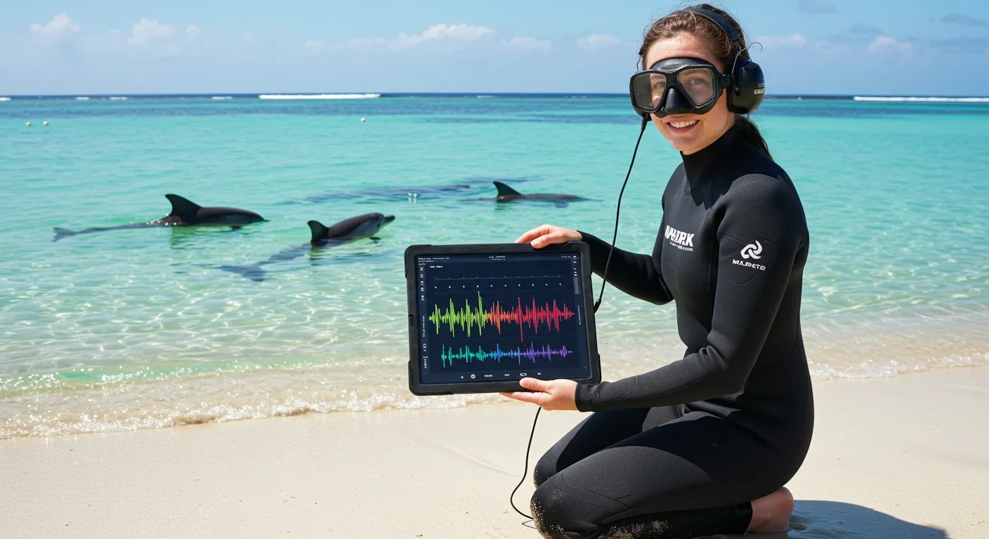 Marine researcher analyzing dolphin vocalizations on tablet while wild dolphins surface in background