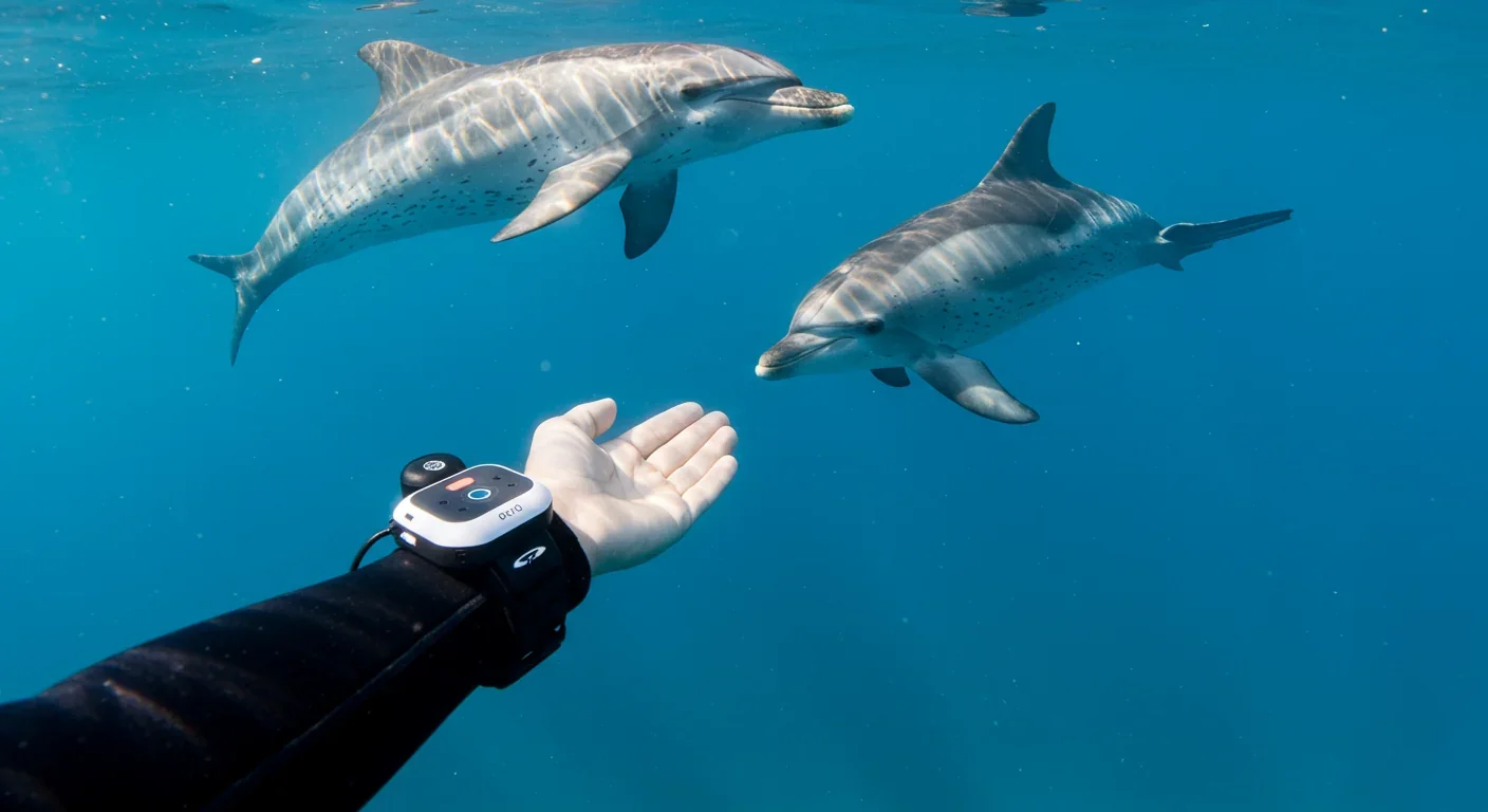 Diver using CHAT wearable communication device to interact with wild dolphin underwater