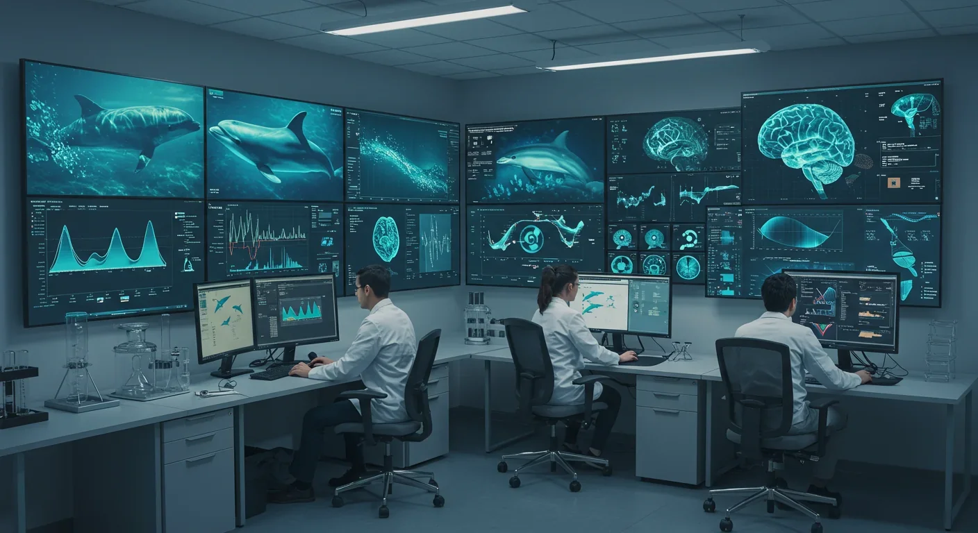Scientists analyzing dolphin brain activity and acoustic patterns using AI visualization systems in research lab