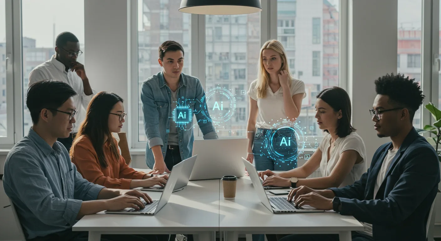 Diverse professionals in coworking space showing contrasting AI literacy levels with confident and uncertain users at laptops