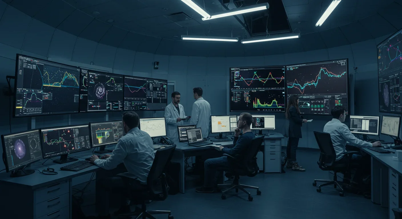 Astronomers and data scientists work together in observatory control room with telescope data and AI visualizations on screens