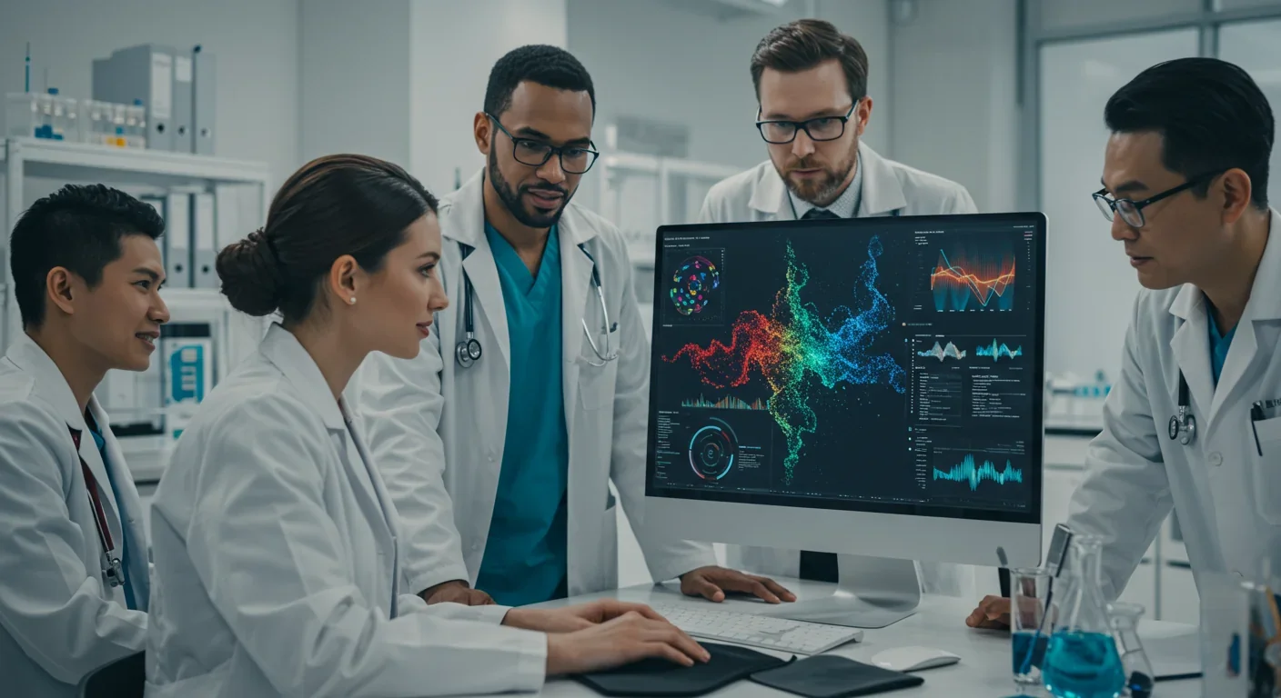 Medical team reviewing AI-generated genetic analysis and treatment recommendations on computer screen