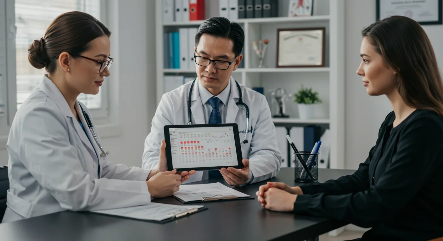 Doctor explaining genetic test results to patient using tablet in medical consultation room