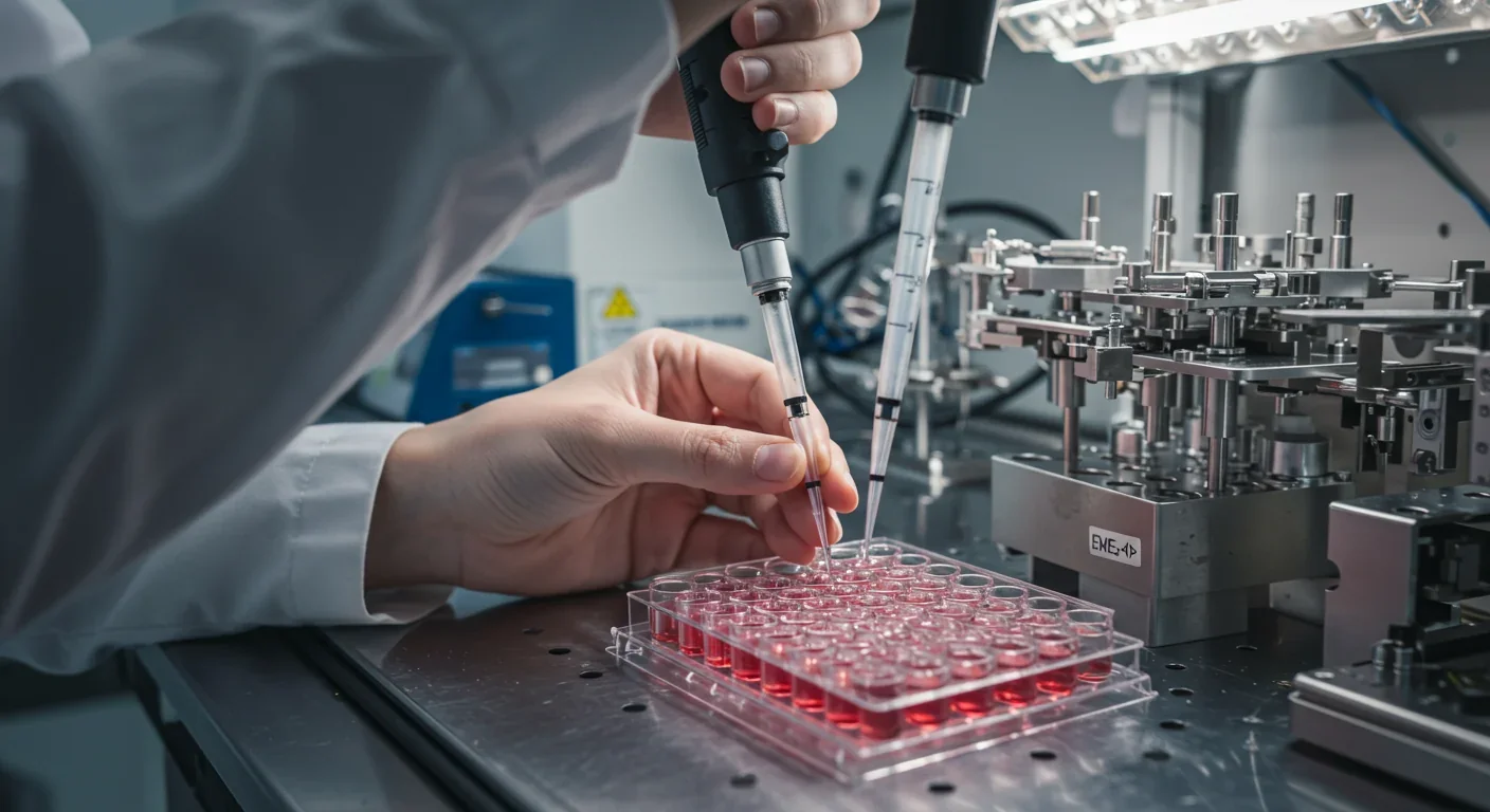 Researcher using pipette for high-throughput DNA synthesis and drug screening