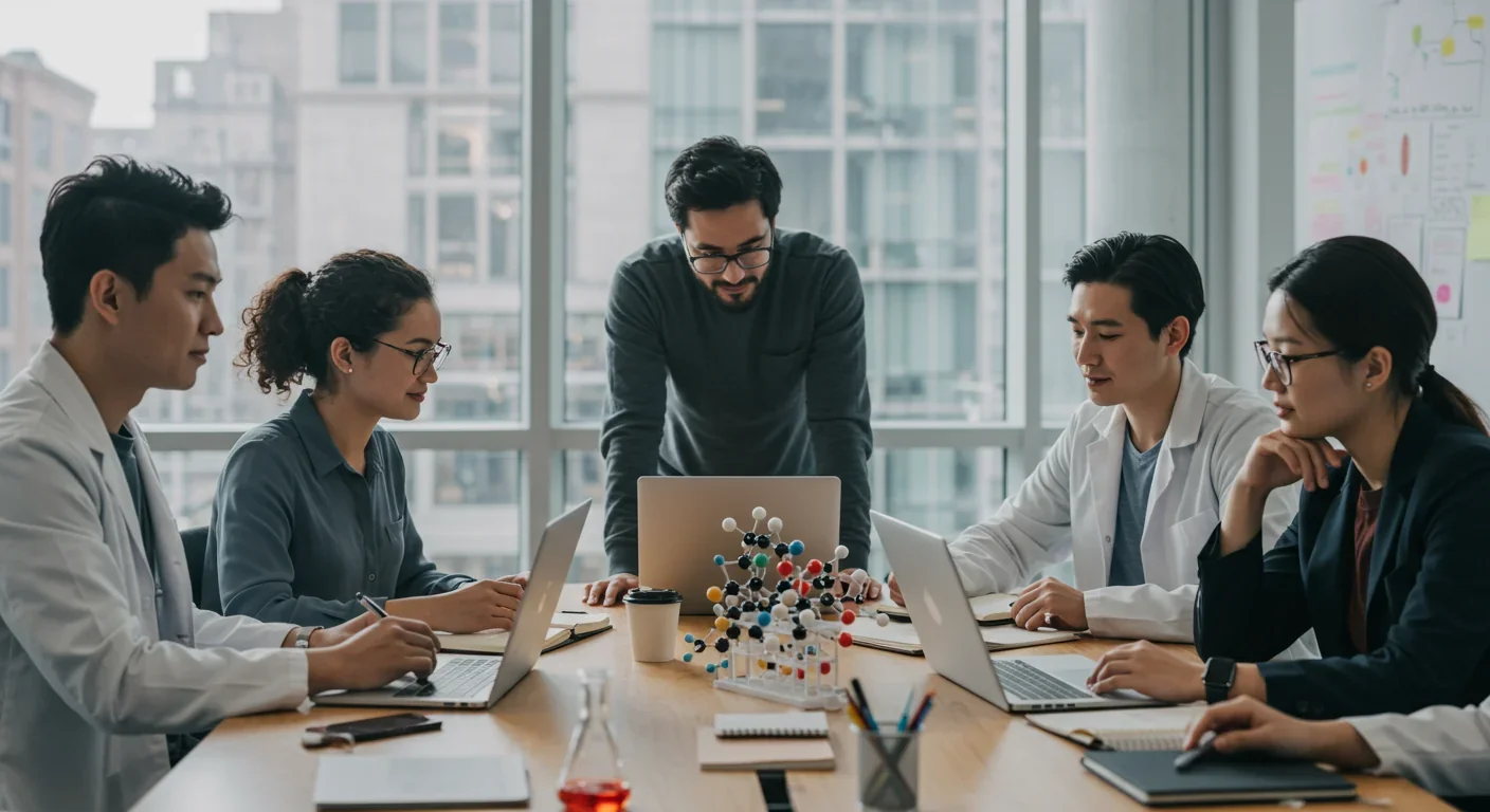 Diverse research team collaborating on AI-driven drug discovery project