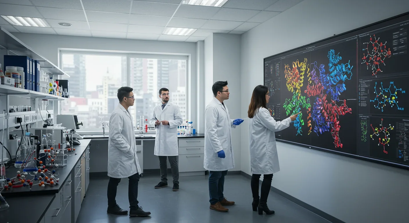 Research scientists analyzing AI-predicted protein structures in a modern drug discovery laboratory