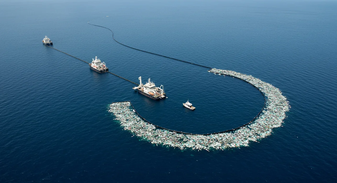 The Ocean Cleanup's floating barrier system collecting plastic debris in the Pacific Ocean with support vessels nearby
