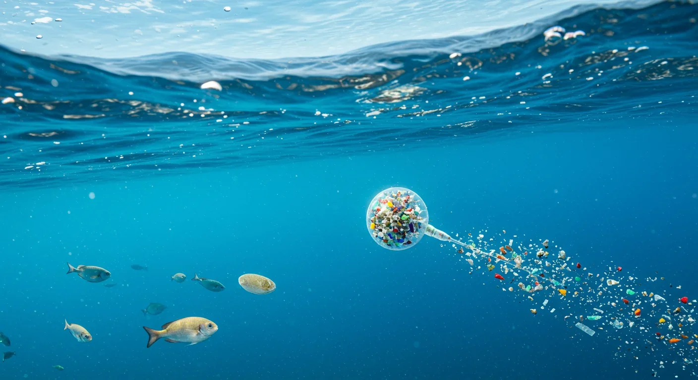 Micro-robots smaller than rice grains capturing microplastic particles underwater while fish swim past unharmed