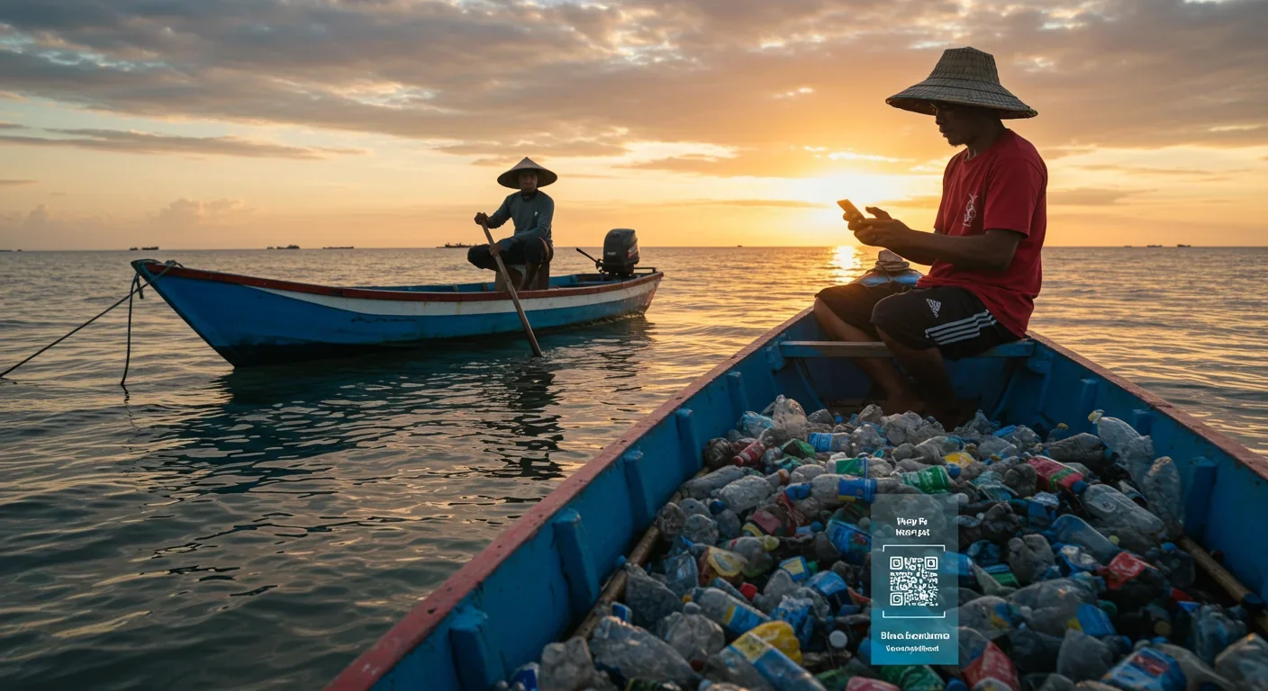 Indonesian fisherman scanning QR code on smartphone for blockchain payment after collecting ocean plastic bottles