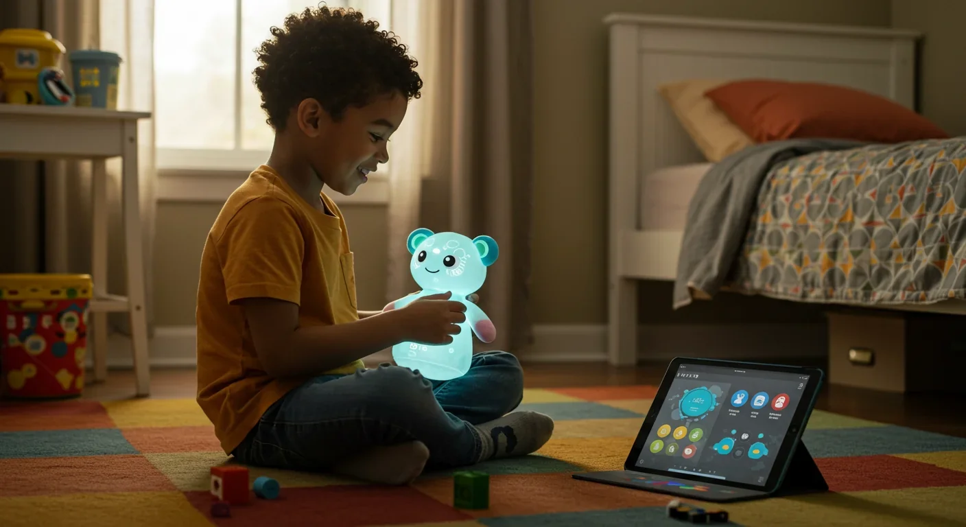 Young child engaged with AI-powered smart toy and tablet displaying personalized learning content in home setting