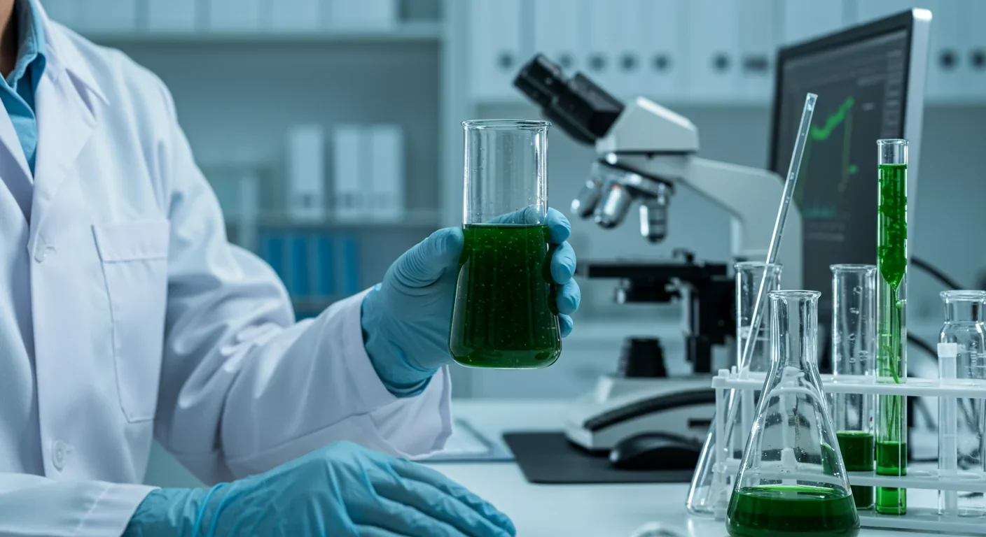 Scientist analyzing spirulina microalgae culture for protein and omega-3 content in biotechnology research laboratory