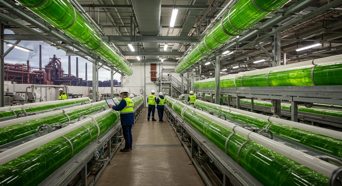Industrial algae photobioreactor facility capturing CO2 from steel mill emissions