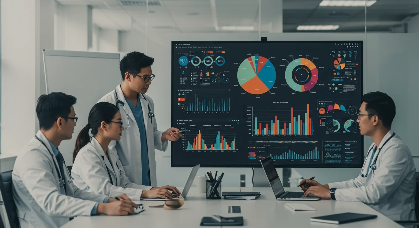 Healthcare team analyzing AI algorithm performance across diverse patient demographics on digital display
