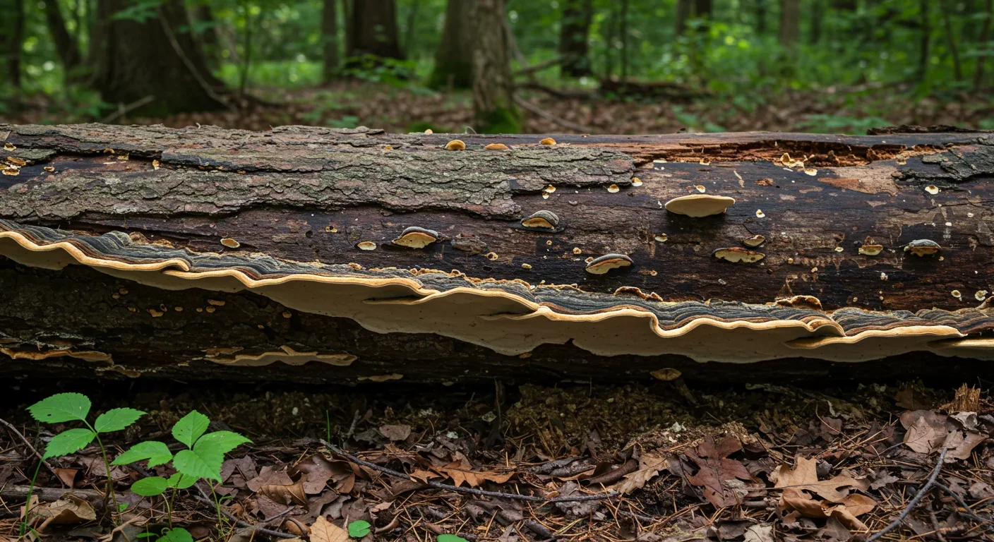 Fungi decomposing fallen tree trunk and recycling nutrients back into forest soil