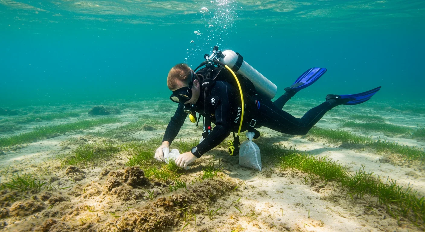 Scuba diver planting seagrass seeds on ocean floor