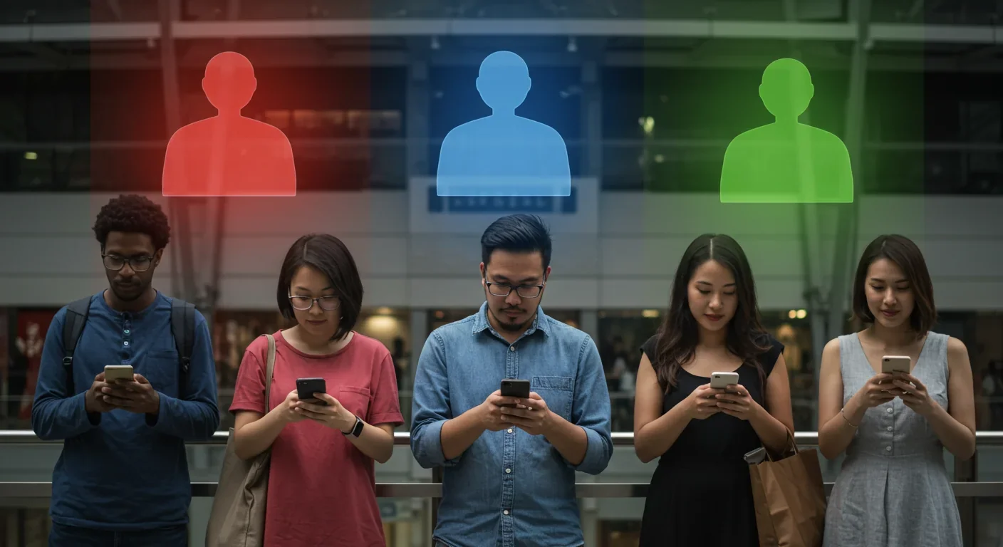 People absorbed in smartphones with colored auras showing their digital tribal affiliations in a crowded public space