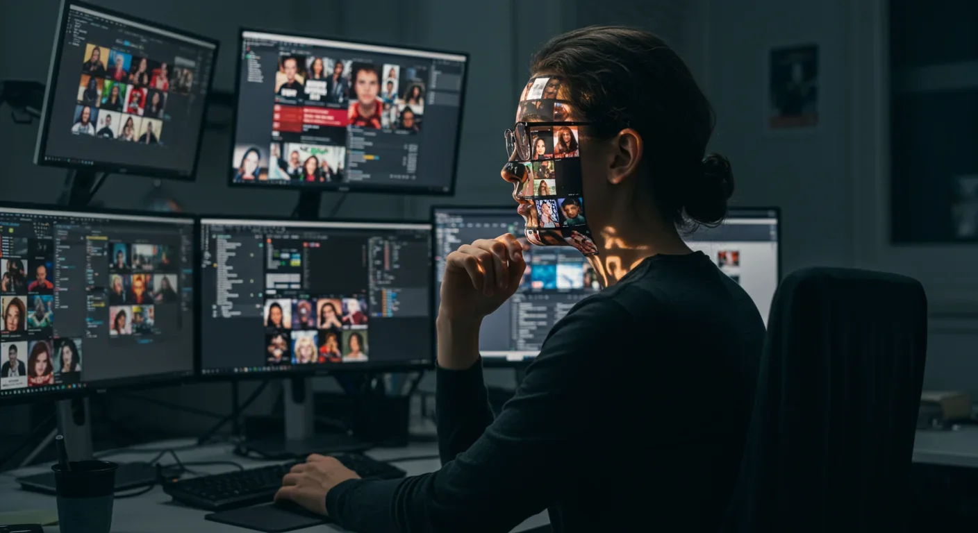 Person viewing multiple social media feeds on computer screens showing different tribal content reflected on their face
