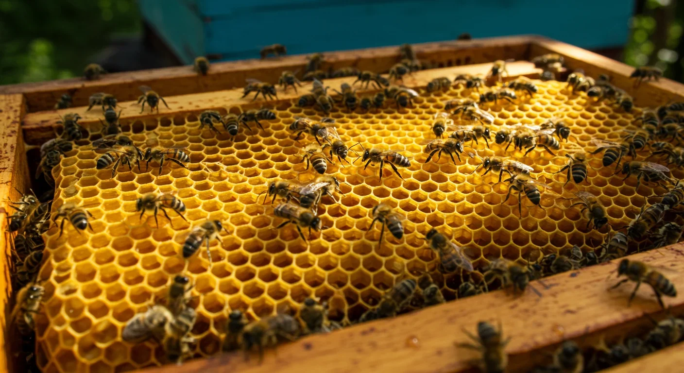 Honeybees constructing hexagonal honeycomb cells demonstrating natural geometric efficiency and collective engineering
