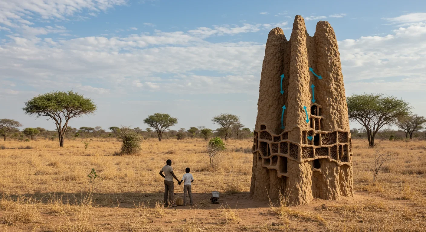 Termite mound showing natural passive ventilation system that maintains stable temperature without mechanical cooling