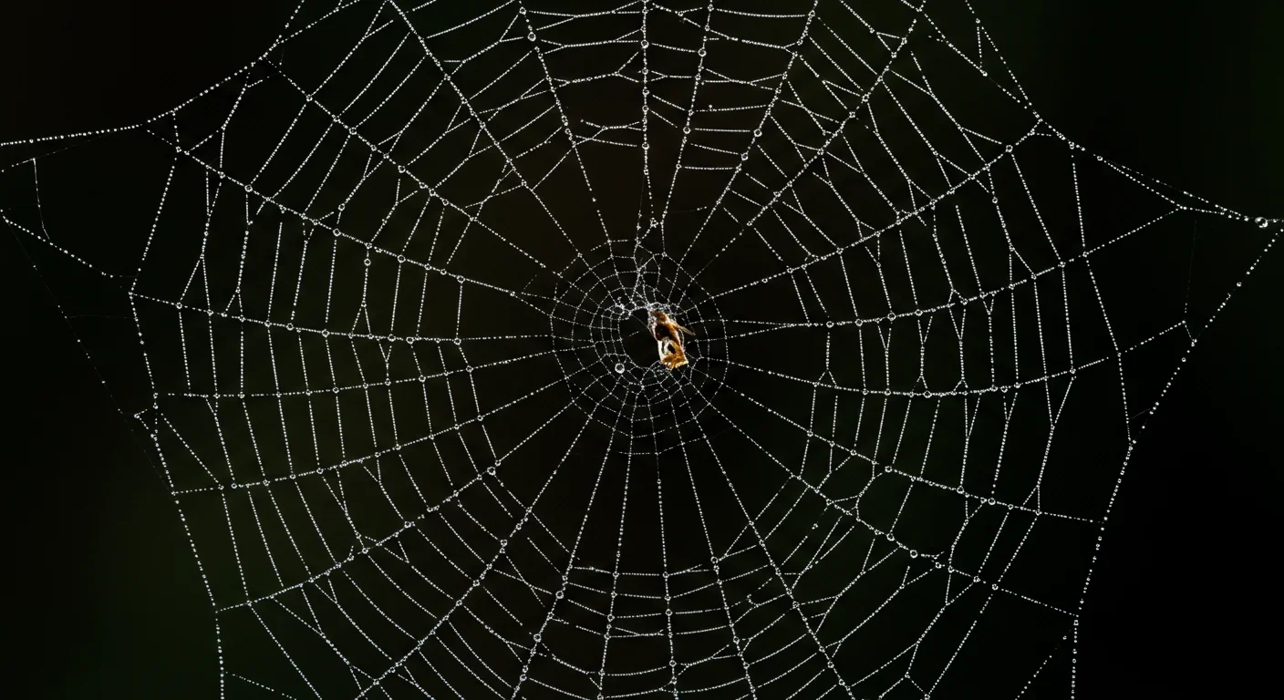 Spider web displaying remarkable structural engineering with silk stronger than steel yet incredibly lightweight