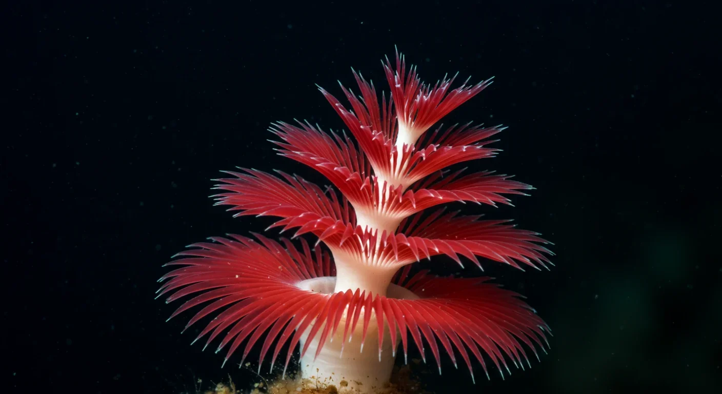 Close-up of a giant tubeworm's bright red plume showing intricate gill-like structures for absorbing chemicals