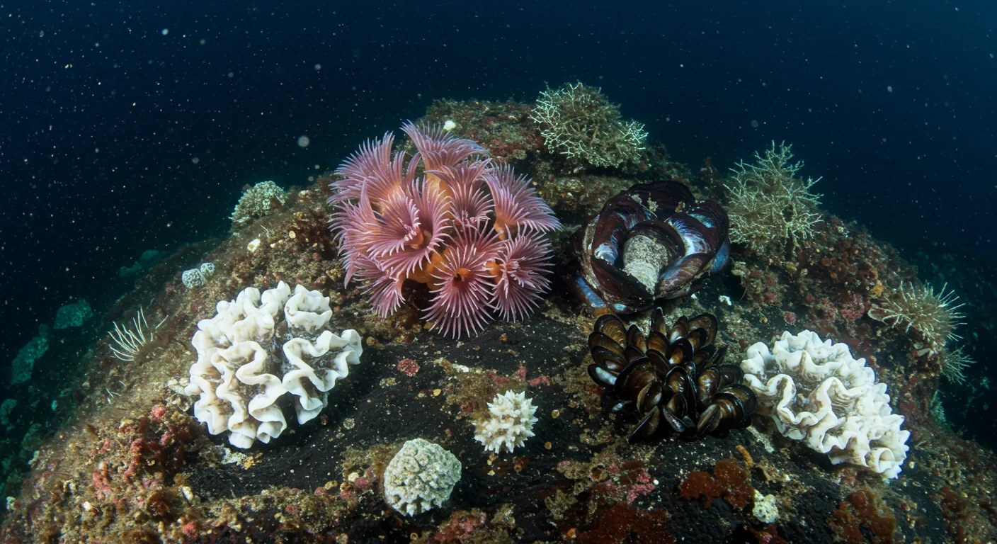 Diverse hydrothermal vent community with tubeworms, mussels, and clams living together