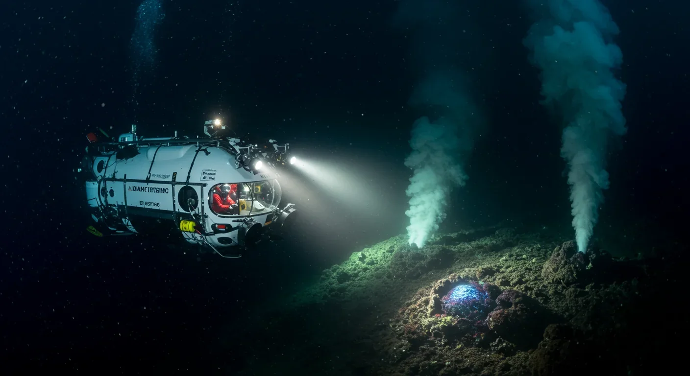 Research submersible illuminating a hydrothermal vent field in the deep ocean