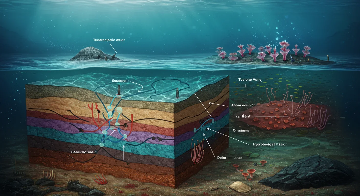 Cross-section illustration of hydrothermal circulation in oceanic crust supporting chemosynthetic life