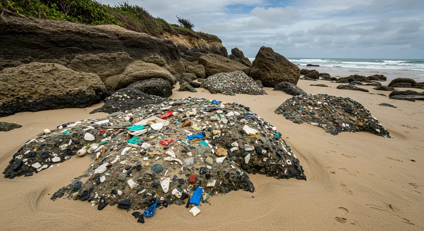 Plastiglomerate formation showing melted plastic fused with sand and rock creating new geological marker