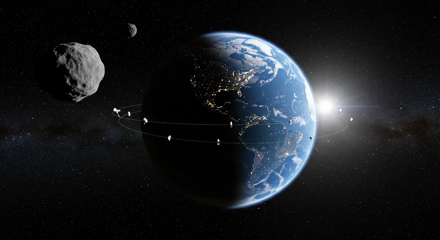 Earth from space with geostationary satellites visible as a ring and asteroid Apophis approaching through the orbital zone