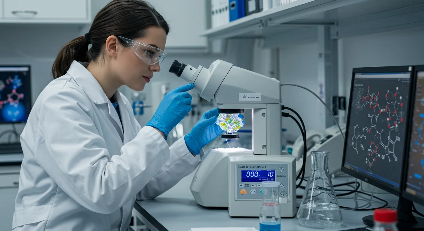 Researcher using millidegree-controlled microscope to observe antifreeze protein interactions with ice crystals at subzero temperatures in modern laboratory
