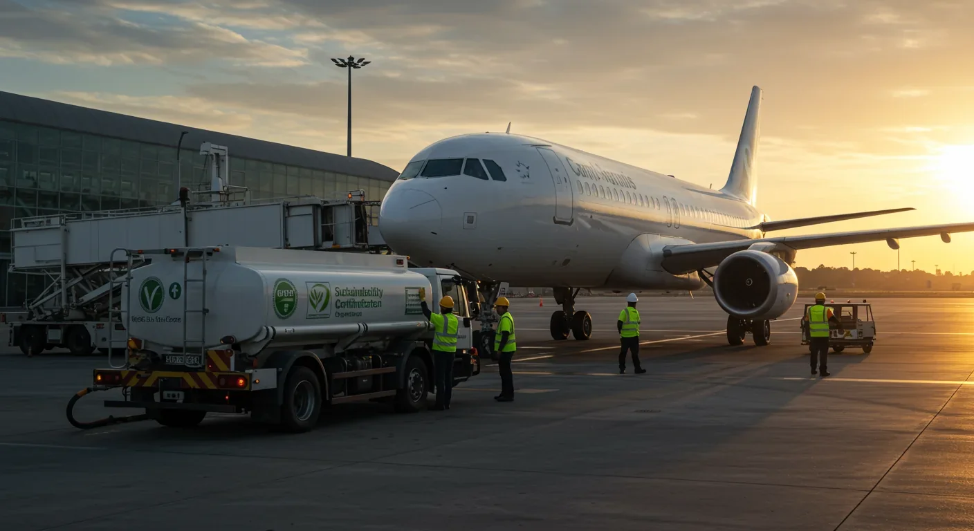 Commercial aircraft being refueled with sustainable aviation fuel at airport terminal