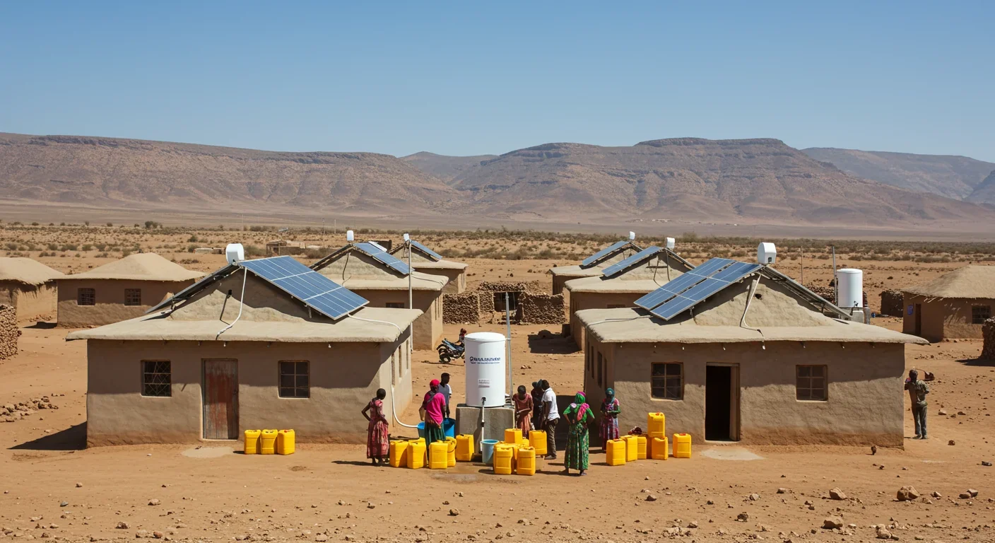 Solar-powered atmospheric water generators installed on village rooftops in arid region with community members collecting fresh water from central system