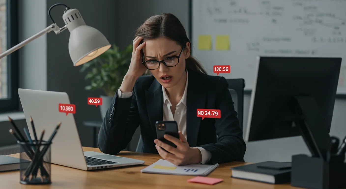 Stressed professional woman at desk overwhelmed by multiple digital devices showing notifications