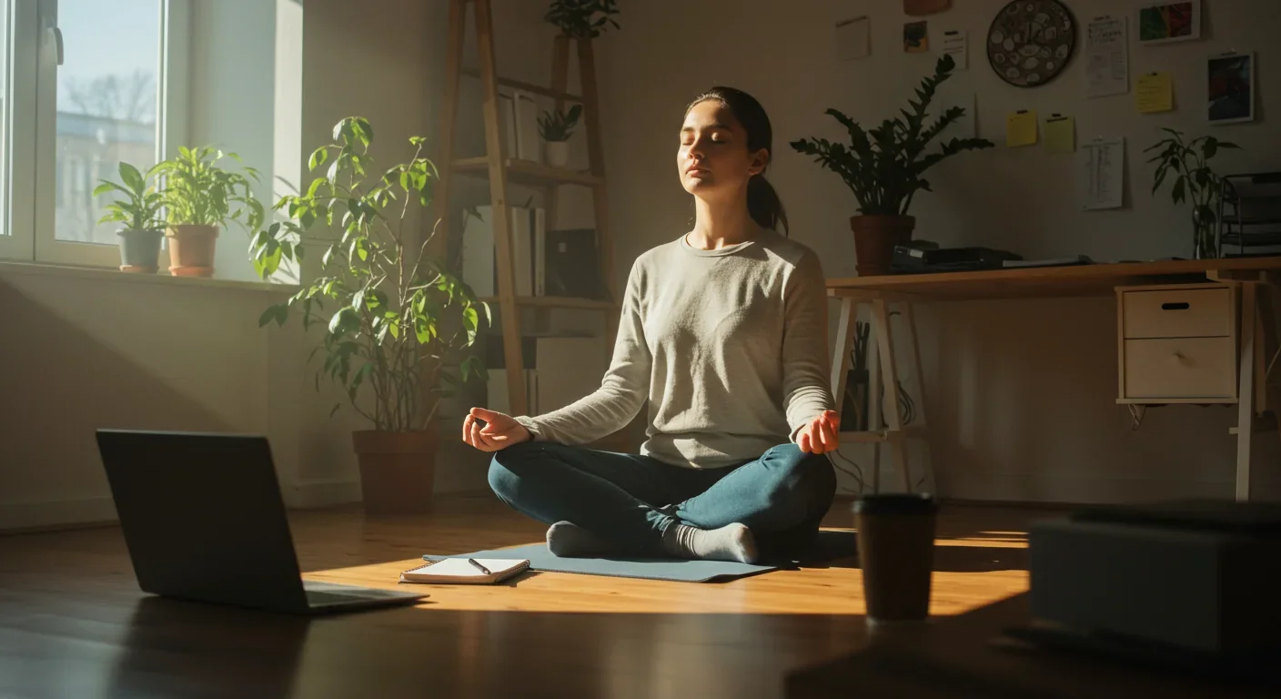 Person meditating in clean minimalist office space with closed laptop demonstrating digital mindfulness