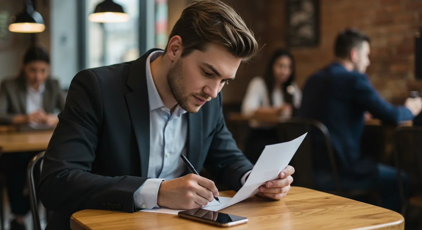 Focused person writing in notebook at cafe with phone deliberately placed face-down on table