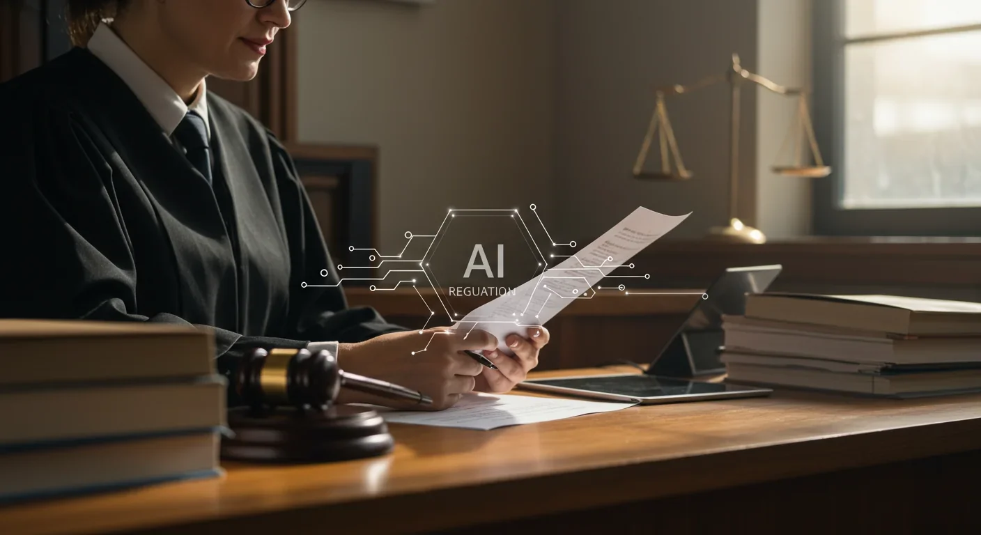 Legal professional reviewing AI compliance documents in a modern office setting