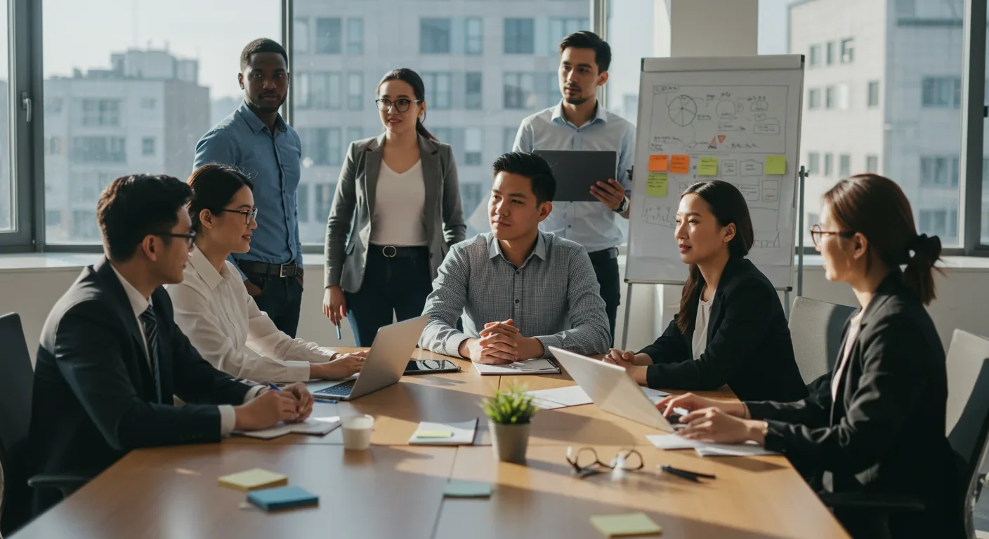 Diverse professionals collaborating in modern office meeting demonstrating workplace authenticity and team dynamics