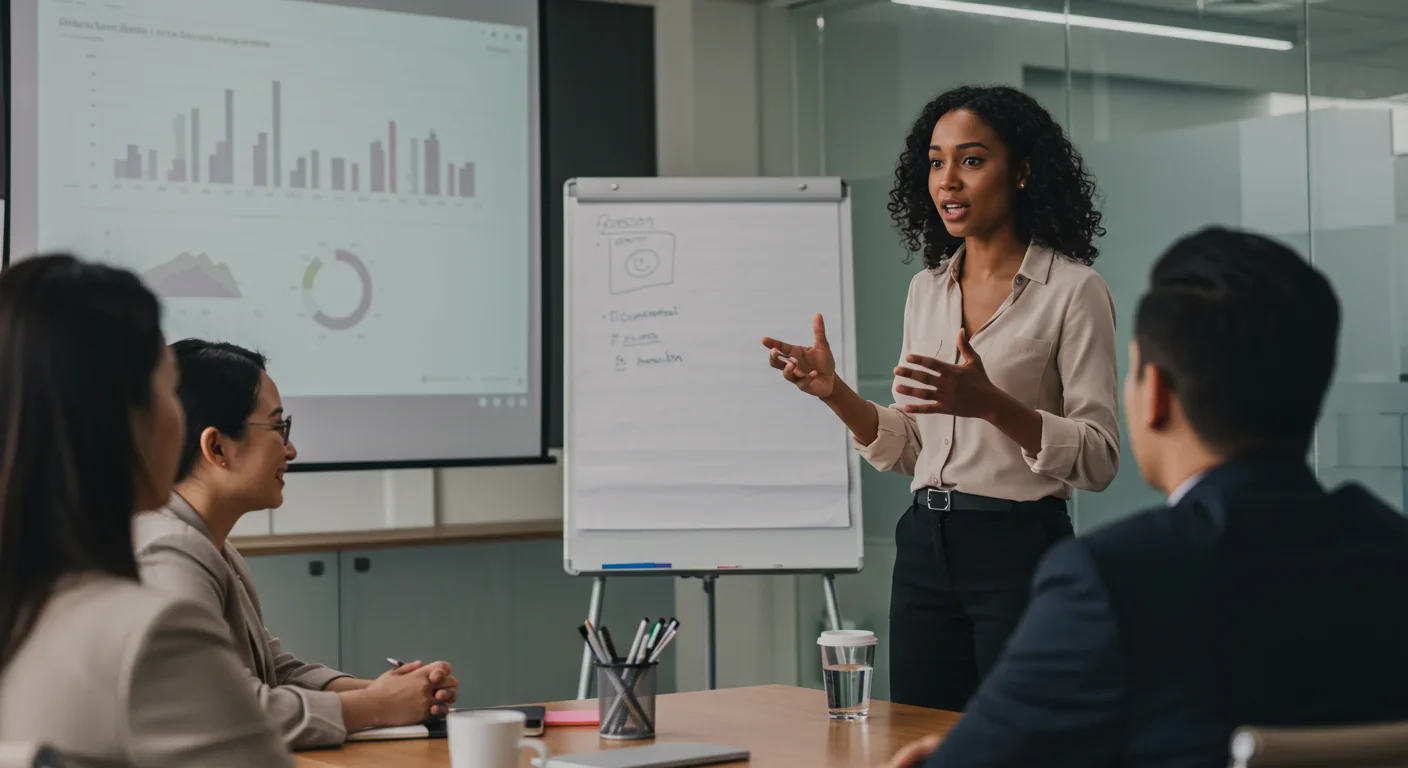Professional woman presenting with confidence in corporate conference room demonstrating authentic leadership presence