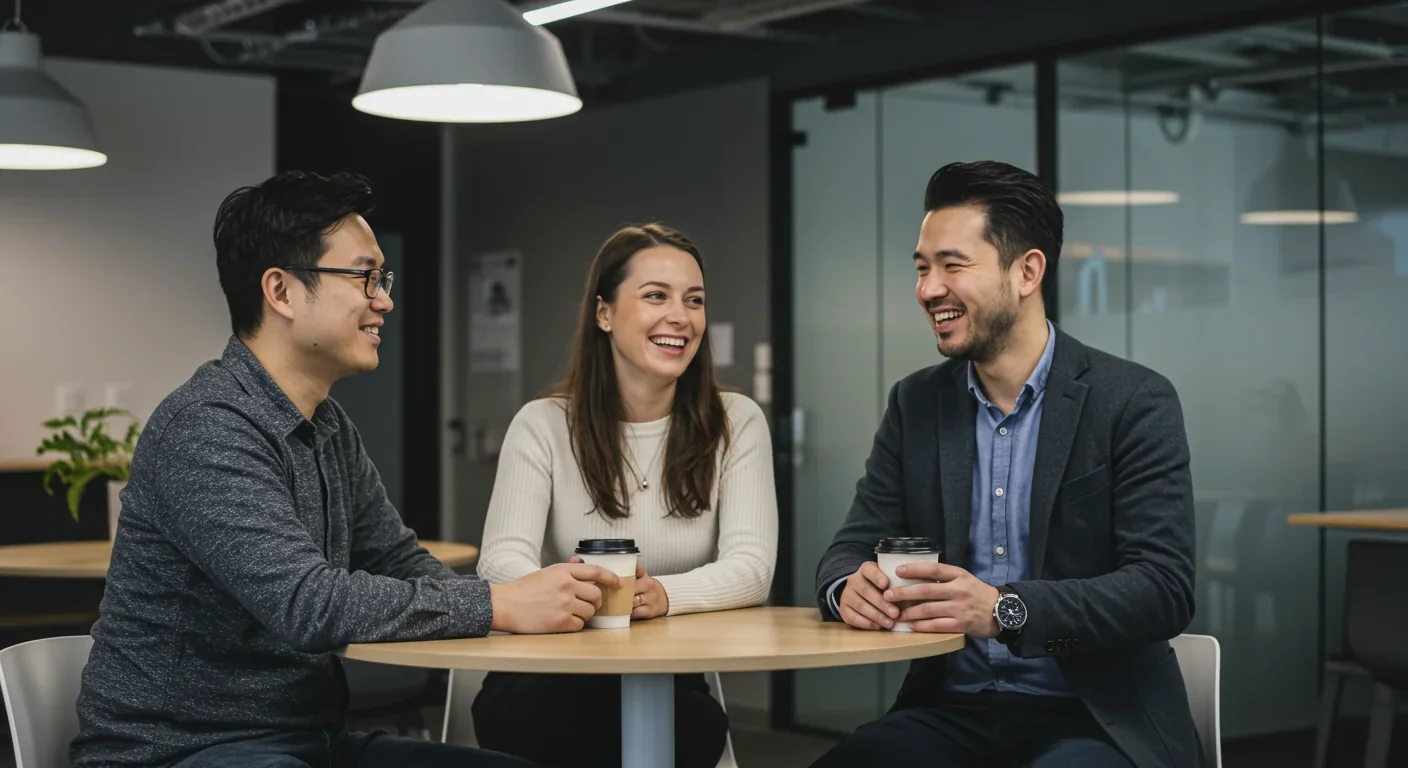 Two colleagues having authentic conversation during coffee break in casual office environment showing genuine workplace connection