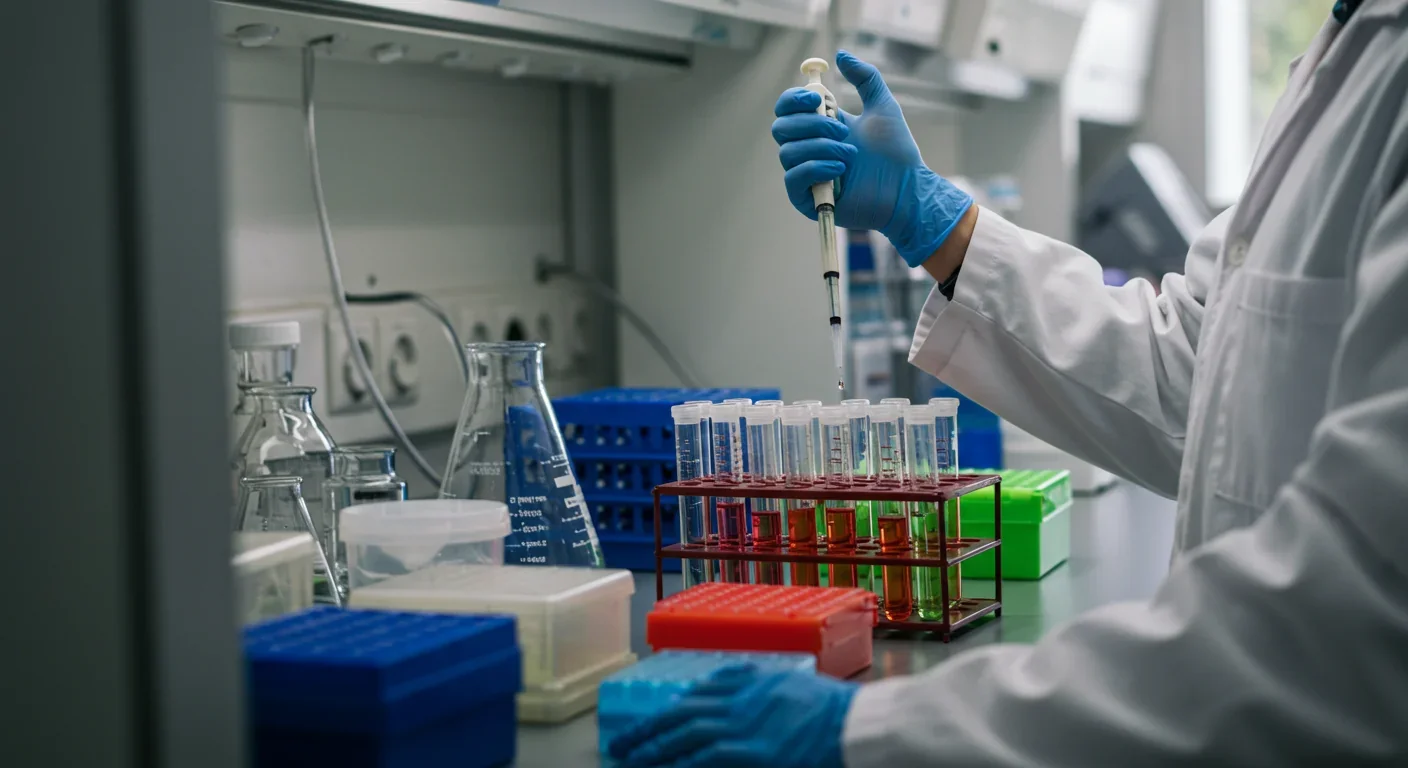 Microbiologist developing quorum sensing inhibitors in modern laboratory setting