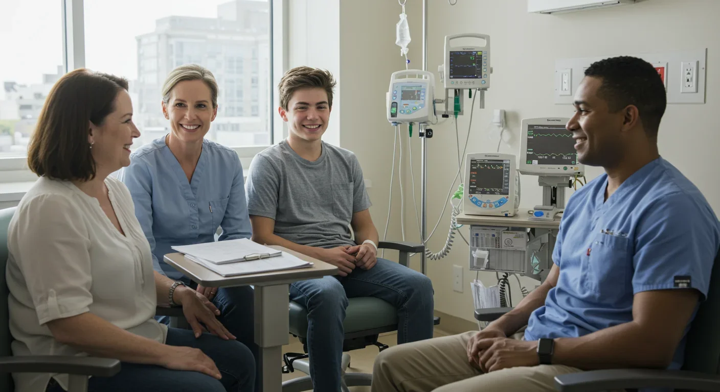 Teen patient recovering in hospital room after successful base editing treatment for sickle cell disease, surrounded by supportive family