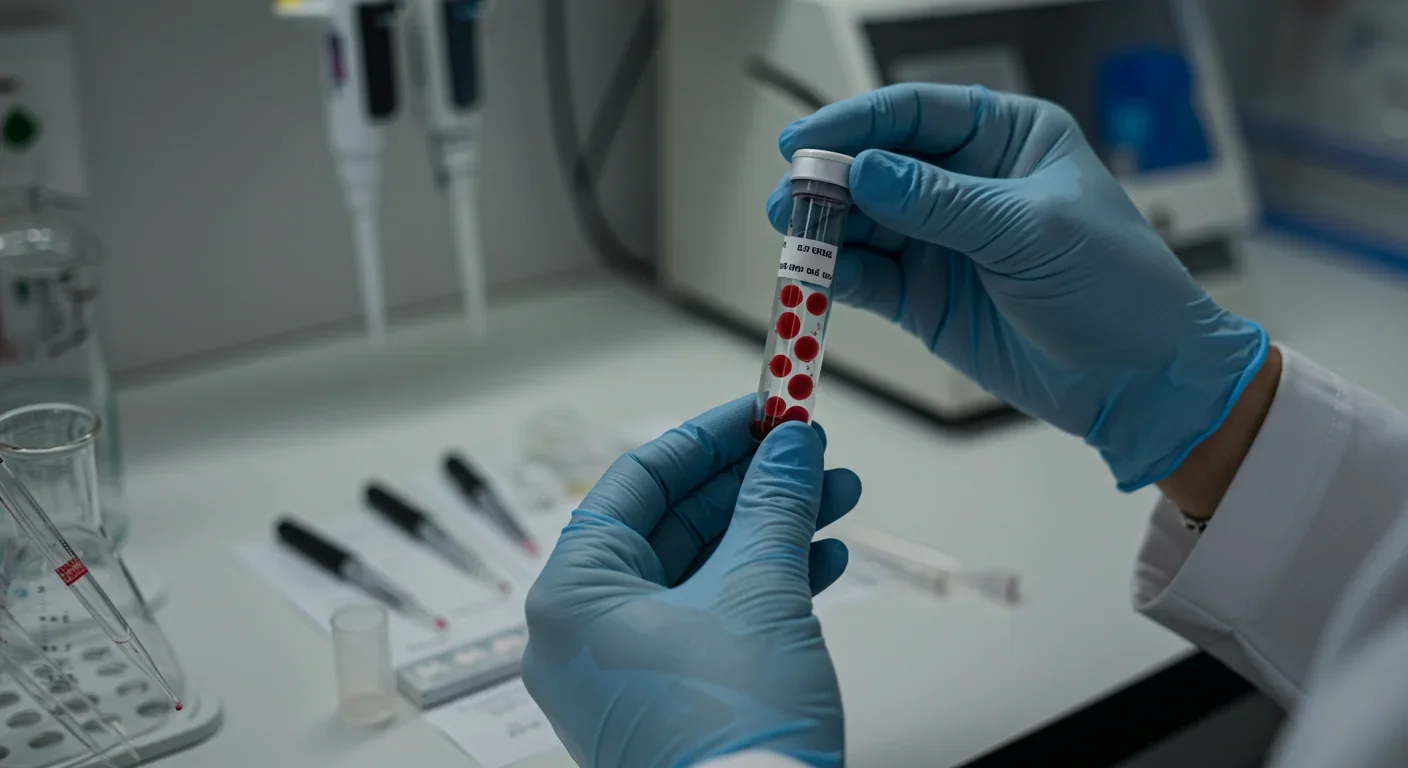 Researcher handling vial of genetically edited stem cells in sterile laboratory environment for base editing therapy