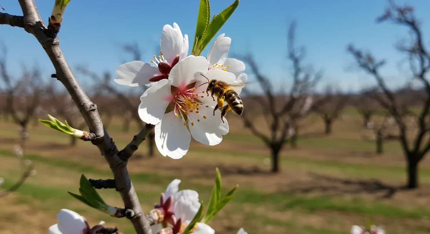 Honeybee pollinating almond blossom in California orchard