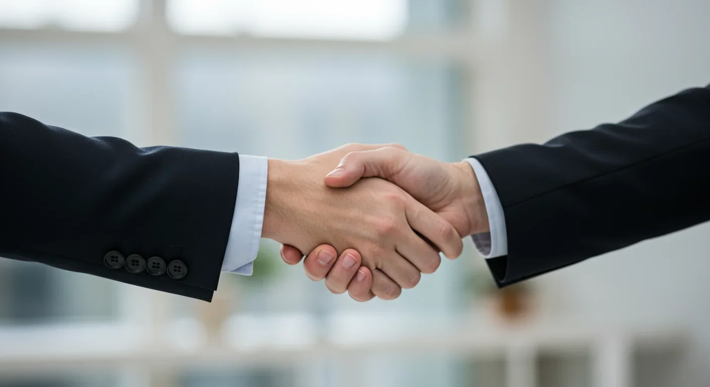 Two professionals shaking hands warmly in a contemporary office environment